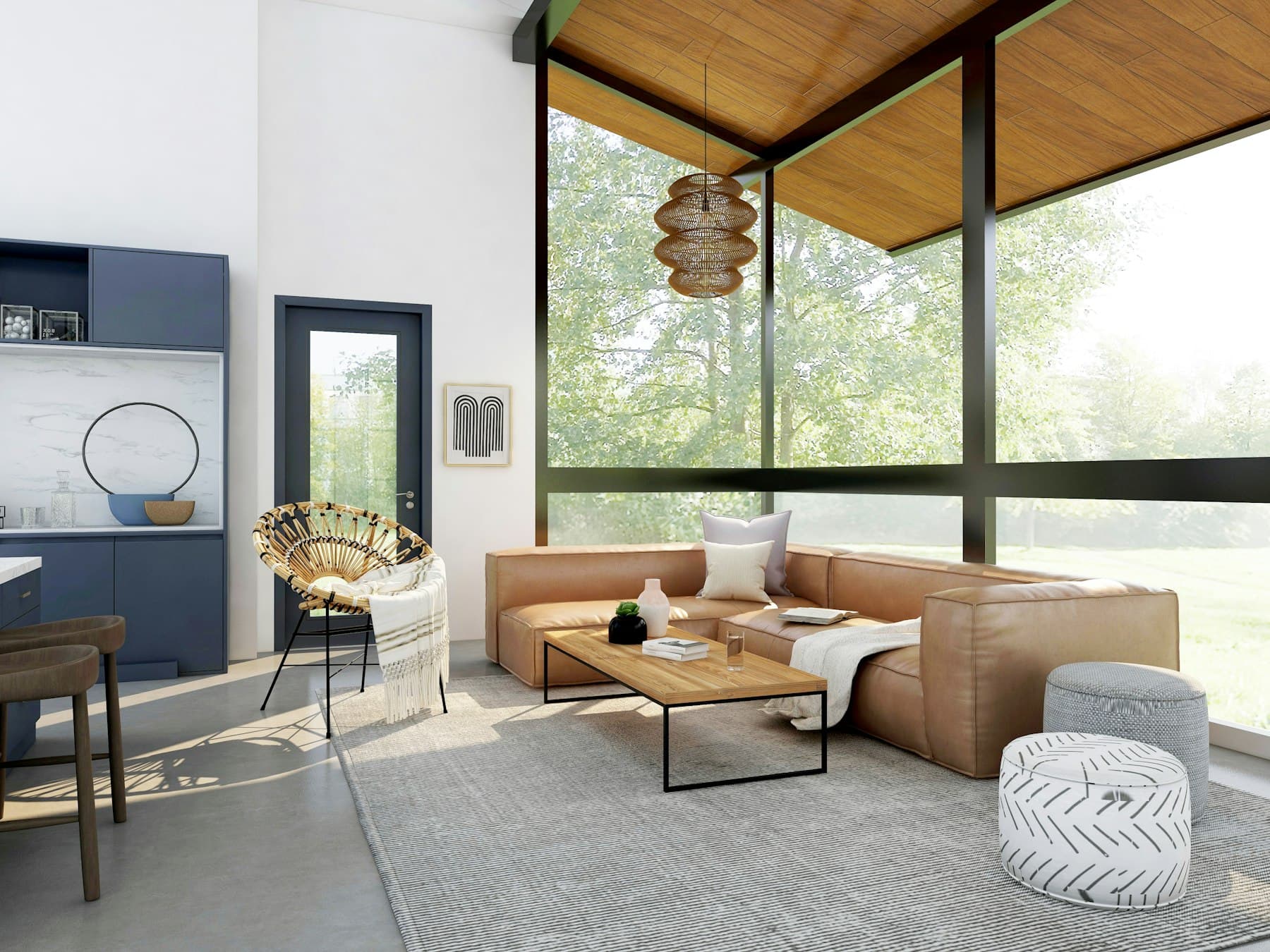Sala contemporânea com luz natural e carpintaria